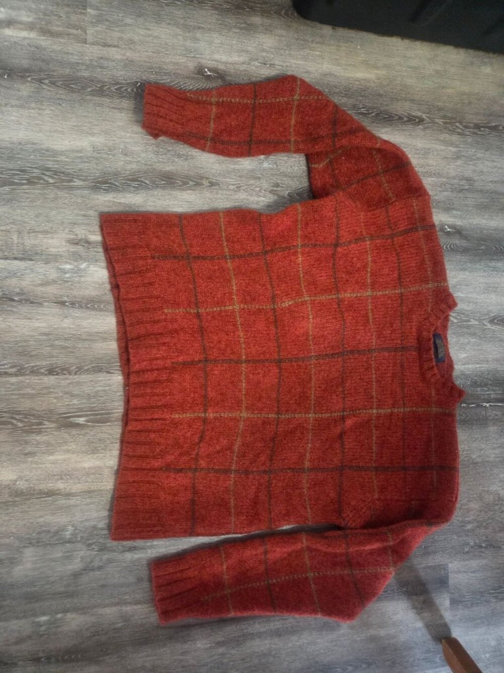 Tommy Hilfiger Sweater Mens XL Rust Plaid Crewneck 100% Wool Shetland Cozy
